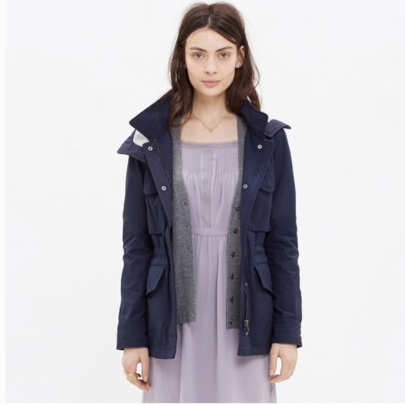 Madewell Fieldwalk Utility Rain Jacket Women XS Navy Blue Removable Hood - Picture 3 of 8